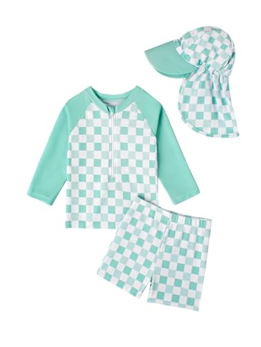 JiAmy Toddler Boys Rash Guard Swimsuit Set – Long Sleeve Swimwear with Sun Hat, Green, 3‑4 Years