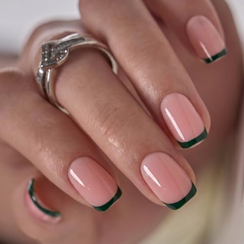 Image of CurvLife Soft Gel Square Press-On Nails Short, Reusable French Tip Fake Nails with Glue & Adhesive Tabs, 32PCS 16Size Salon-Quality Stick-On Nails for At-Home Manicure (Verdant Edge)