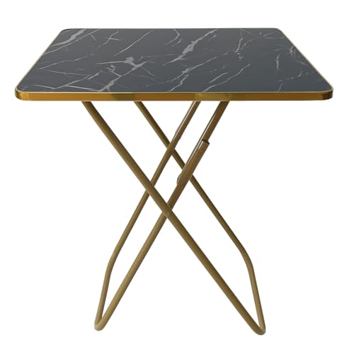 SKY-TOUCH Folding Table Multi-Purpose Iftar Table with Black Marble-Look Wood Top Gold Metal Frame for Prayer Dining Sofa Side Outdoor & Bedroom No Assembly Portable & Space-Saving(60*60*70cm)