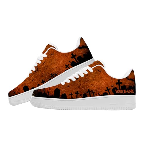 Personalized Custom Name Halloween Low-Top Sneakers Womens, Cute Spooky Print Popular Casua Comfortable Outdoor Everyday Walking Shoes, White Fashion Sneakers for Women
