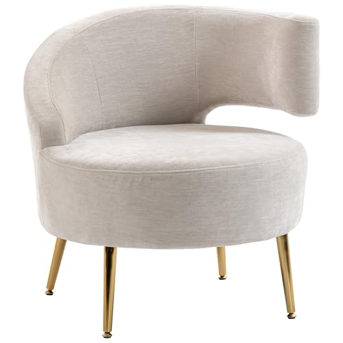 HOMCOM Sedia per Salotto Moderna con Schienale ad Arco e Molle Insacchettate, Sedia per Soggiorno Rivestita in Chenille, Schiuma, Legno e Acciaio, 69x65x67 cm, Bianco e Oro