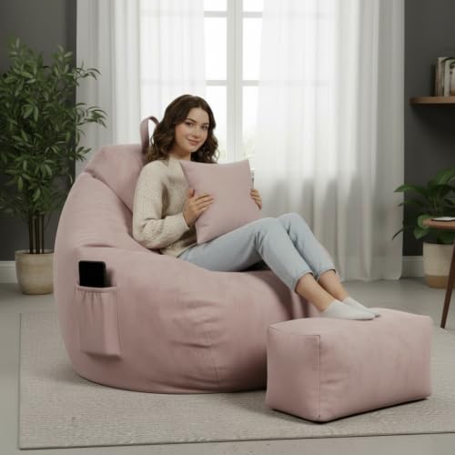 Image of KAM'S LIEU 5XL Premium Imported Suede Bean Bag Chair with Footrest & Cushion | Filled with High Density Polystyrene Beans | Premium Soft Fabric | Ready to Use Color- (Rose Gold, 5XL)