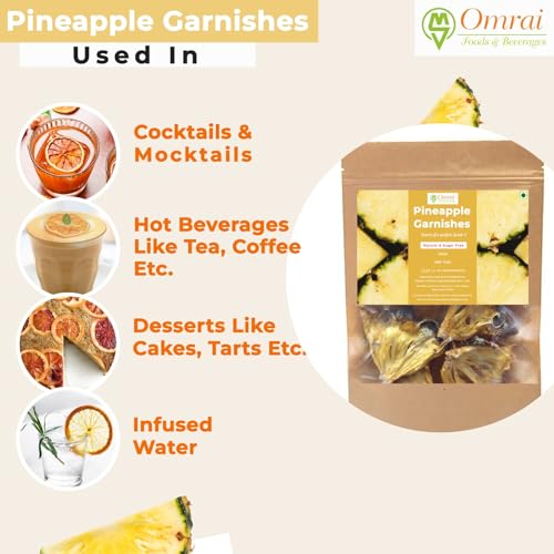Image of Omrai Foods Dried Pineapple Slices Garnishes 50GM (Pack of 2) Dehydrated Pineapple Fruit Garnish for Cocktails,Mocktails,Detox Water,Tea | 100% Natural Air Dried Fruit Pineapple Slices for Decoration