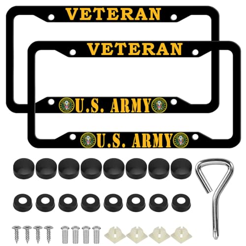 2 Pcs Aluminum Veteran License Plate Frame for U.S. Army 4-Hole Matte Black for United States Army Retired Car Licenses Plate Covers Holders Frames for Plates with Screw Caps