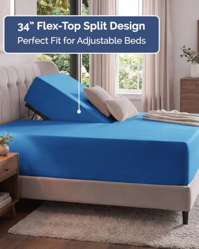 Image of Extra Deep Flex Top Split Head King Fitted Sheet - Hotel Luxury Single Fitted Sheet Only - Easily Fits 18 inch to 24 inch Mattress - Ultra Soft, Wrinkle Free w /Extra Deep Pockets - Royal Blue