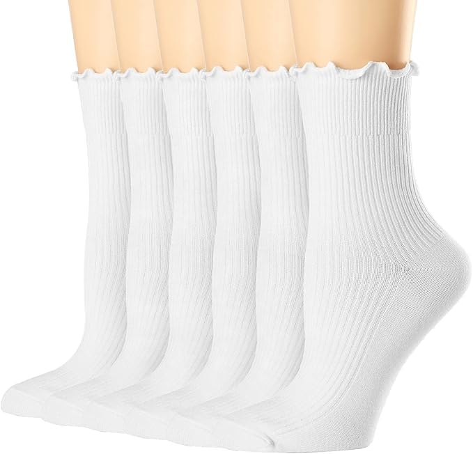 bropapa Womens Socks Ruffle Turn-Cuff Casual Crew Socks Breathable Cool Knit Cotton Lettuce Ankle Frilly Sock 6 Pack