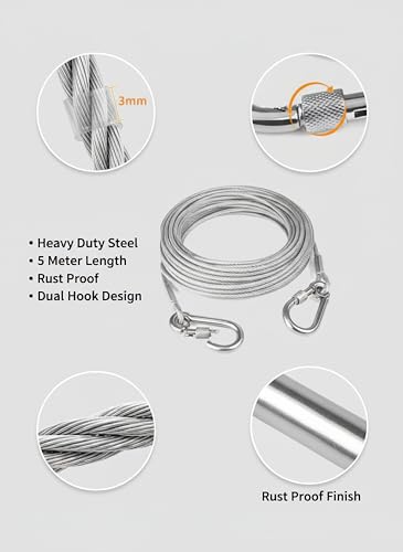 Image of Heavy Duty Stainless Steel Clothesline 5 Meter with Locking Carabiner Hooks, Rust Proof Portable Drying Wire for Balcony, Bathroom, Indoor Outdoor Laundry, Travel & Camping Space Saving Clothes Line