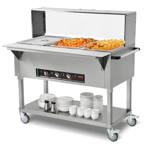 VEVOR 3-Pan Commercial Food Warmer, 3 x 20.6QT Electric Steam Table, 1500W Professional Buffet Catering Food Warmer with Acrylic Sneeze Guard, Food Grade Stainless Steel Server for Party Restaurant