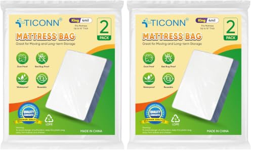 Image of TICONN 2PK Plastic Mattress Bag for Moving Storage, Waterproof Mattress Protector Cover, Heavy-Duty Mattress Moving Supplies (4 mil, King) (Pack of 2)