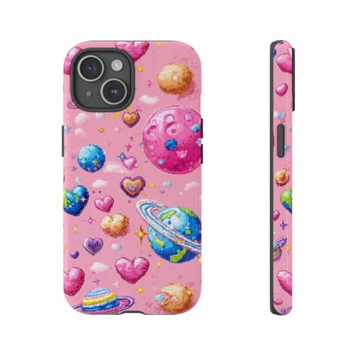Coque iPhone 15 pixel art voyage cosmique et cœurs poétiques