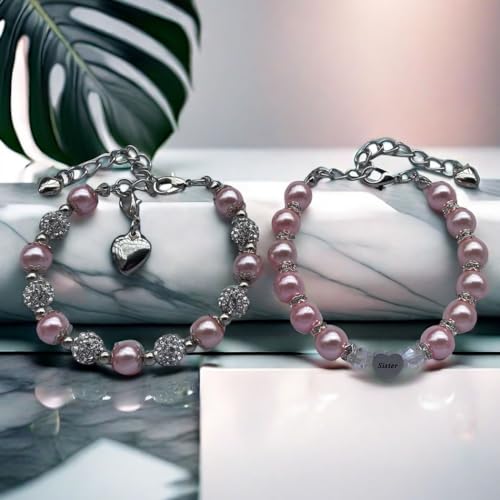 Image of DOLON 2 Pcs Imitation Pink Pearls Crystal Beads Heart Charm Bracelets Gift for Granddaughter,Sister,Daughter with Graduation Birthday Christmas First Day Wish Card