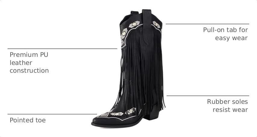 Image of Embroidered Fringe Cowboy Boots for Women, Pull On Mid Calf Chunky Block Heel Pointed Toe Western Cowgirl Boots Riding Country Boot Retro Boots