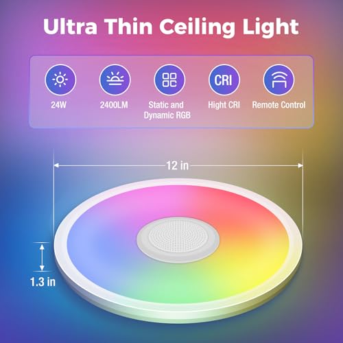 Zemty Rgb Ceiling Light With Bluetooth Speaker, 24W 12Inch Smart Music Light 3000K-6500K Dimmable With App And Remote Control, Color Changing Led Light Fixture Flush Mount For Bathroom Shower Bedroom thumb #4