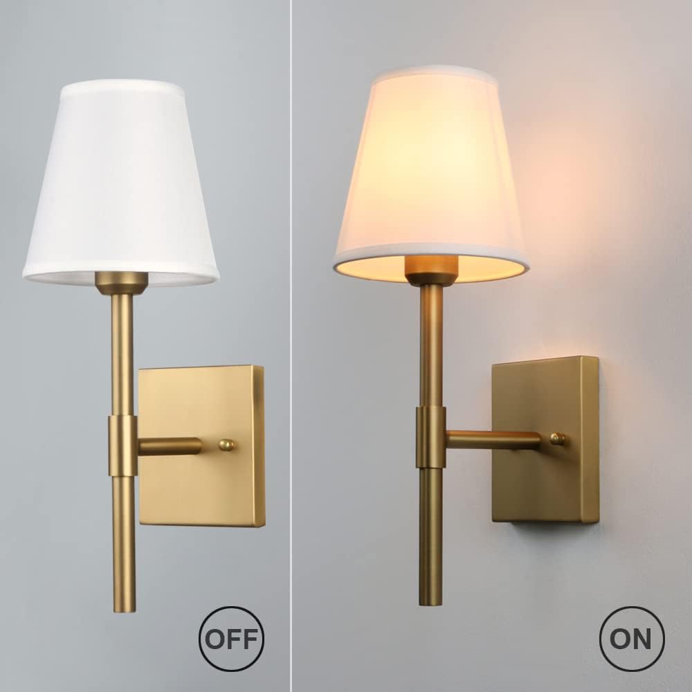Pathson Set of 2 Hardwired Bathroom Wall Sconces with White Fabric Shade, Cloth Wall Mounted Lighting for Living Room Bedroom Hallway Brass Finish Base