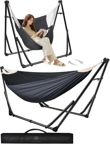 Anyoo Hamaca y Silla de Algodón Con Soporte Plegable, Set Portátil de Doble Uso Para Interior y Exterior, Jardín, Terraza, Patio, Camping, Cubierta