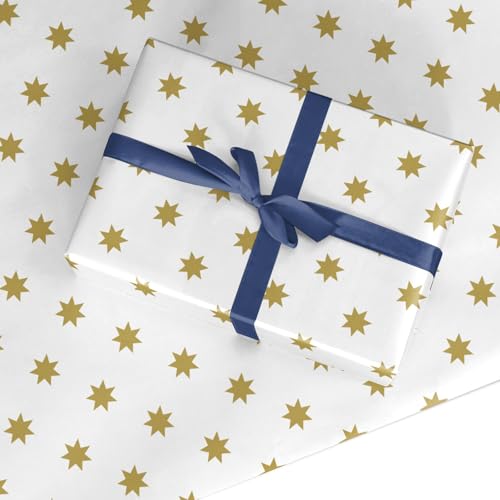 Image of Gold Star Christmas Wrapping Paper – Festive Gift Wrap for Men, Women, Kids & Families – Birthday Present Paper - For Wedding, Congratulations by Dyefor (Gold Star, 2 Sheets (50x70cm))