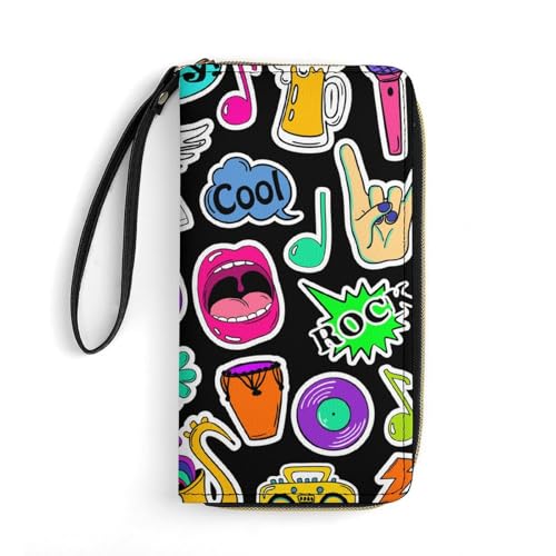 Colorful Guitar Hippie Wallets for Womans Travel Business Shopping Money Clips Handbag Purse Zipper Pocket Wallet Strap Purse