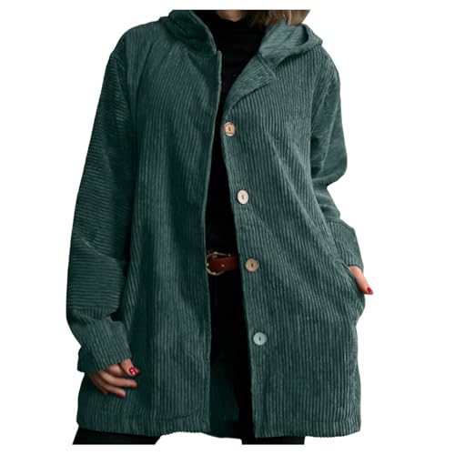 Bauzuoyo Abrigo para mujer, chaqueta larga de pana para primavera, chaqueta de entretiempo con capucha, botones, chaqueta de pana elegante, longitud media, camisa de pana monocolor, chaqueta de otoño