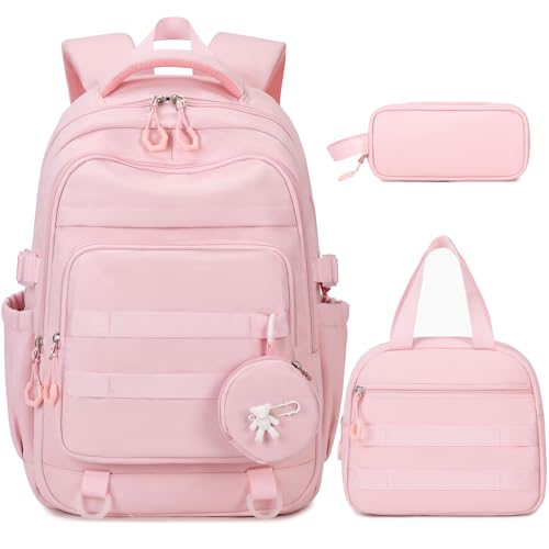 Backpacks for Girls - 4PCS Girls Backpack with Lunch Bag & Pencil Pouch Coin Pruse for Teens Kids Elementary Middle High School College Student Bookbag Daypack (Pink)
