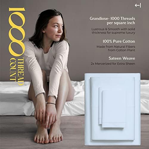 Mayfair Linen 100% Pure Egyptian Cotton Sheets Queen Size - 1000 High Thread Count Sheets Queen, 4 PC Luxury Hotel Sheets for Queen Bed, 16" Deep Pocket Soft Sateen Cooling Bedding Sets- Light Blue - 4
