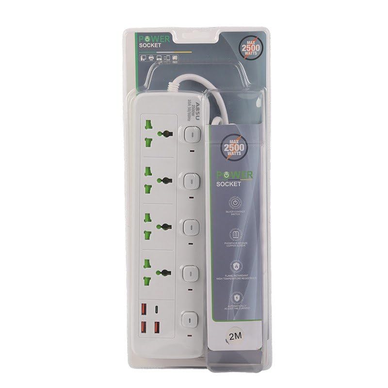 Image of Extension Board, Power Strip with 6 USB Ports and 3 Universal Socket, 2500W 10A Extension Cord, 3-Pin Surge Protector Power Strip for Home, Office, Computer, Mobile Charging (White-A85)