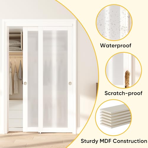 Sliding Closet Door 72"(Double 37") x 80", Full-Lite Frosted Glass Closet Door with Hardware Kit & Matching Fascia, Sturdy Solid Wood & MDF with Water-Proof PVC Surface, Pre-Drilled - Image 3