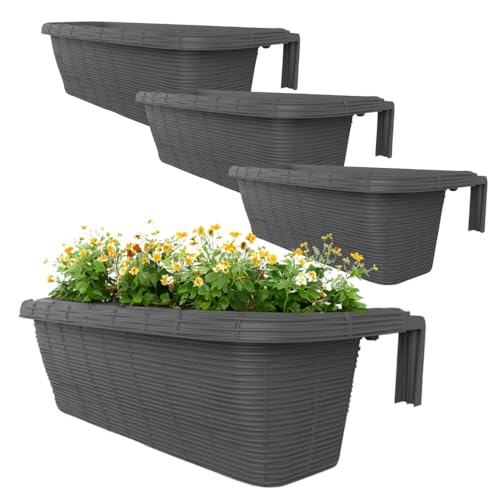 GarPet 4X Blumenkasten Balkongeländer Balkon Blumenkasten Balkonkasten mit Halterung Geländerkasten mit Wasserspeicher Rattan Optik Anthrazit 60 cm