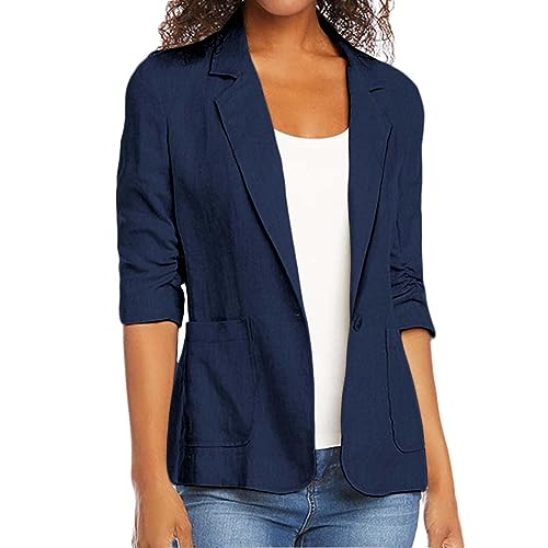 Summer Blazers for Women Lightweight Cotton Linen Suit Jackets with Pocket Casual Ruched 3/4 Sleeve Blazer Jacket2