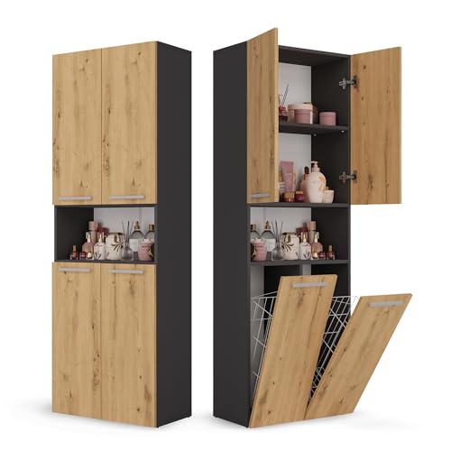 CDF Armoire Haute Salle de Bain Meuble Colonne de Salle de Bain Armoire de Rangement à 4 Portes avec Etagère Réglable pour Salon Cuisine - 60x30x174 cm...