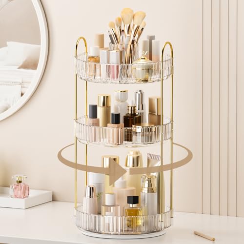 Image of 360 Rotating Makeup Organizer, Upgraded 3 Tier Skincare Perfume Organizers for Women, Bathroom Organizer Countertop, Clear Cosmetic Dresser Organizer with Makeup Brush Holder, Sink&Counte (Clear)