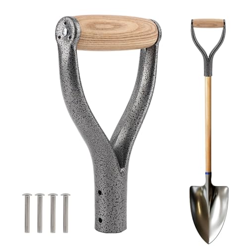 Shovel D Grip Handle 32mm Inner Diameter Metal Shovel Replacement Handle with Wooden Grip Spade Snow Scoop Digging Raking Tools with 4 Rivets for Digging Raking