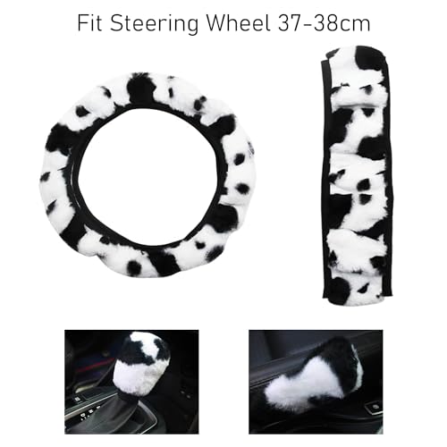 Set di 3 pezzi di peluche auto con motivo a mucca in bianco e nero: morbidi e caldi coprivolante, cambio e freno a mano, antiscivolo, traspiranti, adatti per ruote da 38 cm, ideale per l'inverno