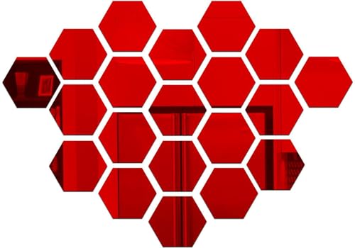 Image of Wall1ders Hexagonal Mirror Wall Sticker with 10 Butterfly Stickers Pack of 20 (Red)