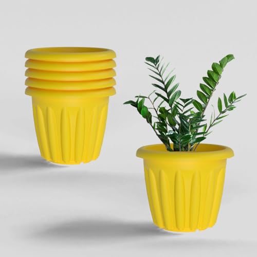 Image of YUCCABE ITALIA SHERA Floot 10 Inch Plastic Flower Pot 6 Piece Set of Round Shape Planter for Home Garden Seedling Planter for pots (Yellow)