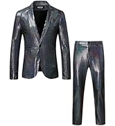 JEMITOP Men's 70s Disco 2 Piece Set Stretchy Shiny Suits Sequin Jacket and Pants