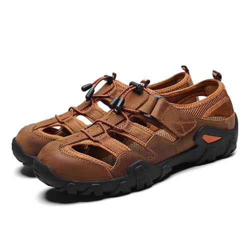 MILDSEVEN Large Size Men's Real Leather Hiking Sandals, Fashion Closed Toe Sandals, Hollow Out Classics Backpacking Beach Shoes,11.5,Brown