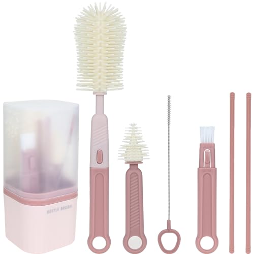 Image of Silicone Baby Bottle Brush Set, Includes Baby Bottle Brush, Nipple Brush, Straw Brush, Spout Brush, Drying Rack and Storage Box, Portable and Travel-Friendly (Round - Pink)