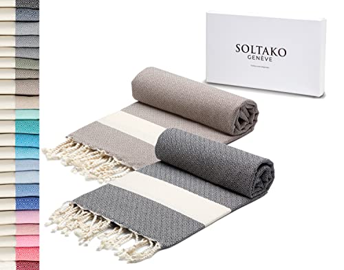 SOLTAKO XXL Strandtuch groß 100x200 Baumwolle Saunatuch Badetuch Hamamtuch Yoga Decke Pestemal Damen Herren in Farben Platingrau & Taupe Farben als 2er Geschenkset extra groß leicht, 100 x 200 cm Cover