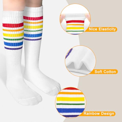 Girls Socks, 2 Pairs Girls Knee High Socks Rainbow Colorful Striped Thigh Highs Socks for Girls Kids Aged 1-162