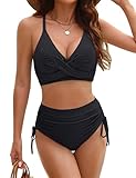 BMJL Bathing Suit for Women Tummy Control High Waisted Swimsuits with Drawstring Bottom Luxe Jacquard Fabric Swimwear for Beach Vacation(S,Black)