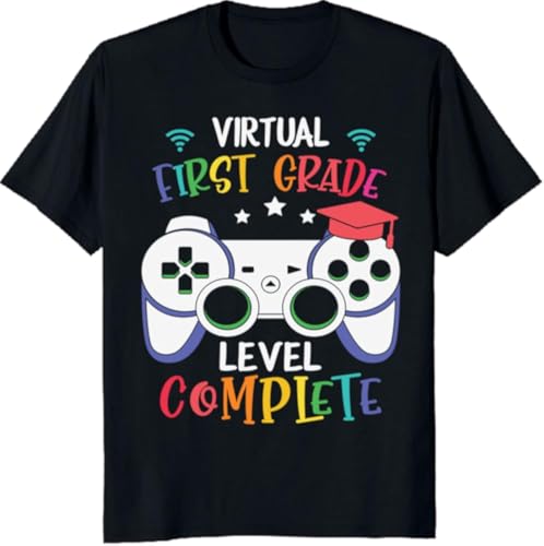 LSHBGV Back to School Gift-Vitual First Grade Level Complete Funny Gift Tshirts Camisetas y Tops for Boy, Gifrl, Youths(Large)