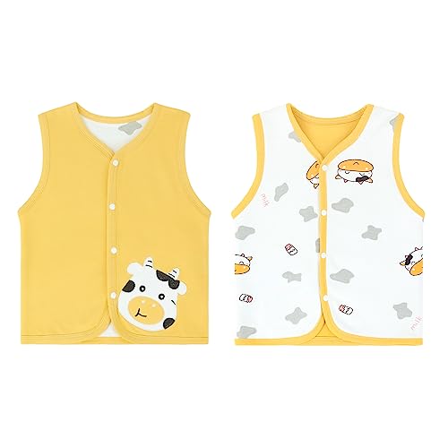 ANIMQUE Baby Kleinkind Kinder Doppelseitig Westen Frühling Herbst Baumwoll Dünn Ärmellose Jacke Kinderweste mit Druckknopf mit Cartoon Muster, Milchvieh Gelb 90