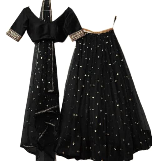LAZY & CRAZY Net A Lady's First Love Women's Party Semi-Stitched Sequence Work Very Soft Butterfly Lehenga Choli With Dupatta (Black)