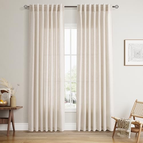 Nanspring Beige Linen Curtains for Living Room 2 Panels Set 84 Inch Neutral Linen Textured Back Tab and Rod Pocket Boho Light Filtering Drapes Panels for Farmhouse Bedroom Nursery 52 x 84 Inch