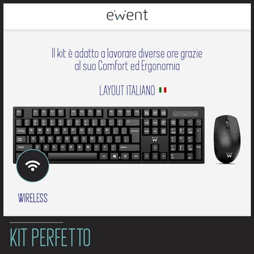 Ewent Kit Set Tastiera e Mouse Wireless, Layout QWERTY Italiano per PC/Notebook/Laptop, Windows, unico ricevitore USB, nero - Immagine 1
