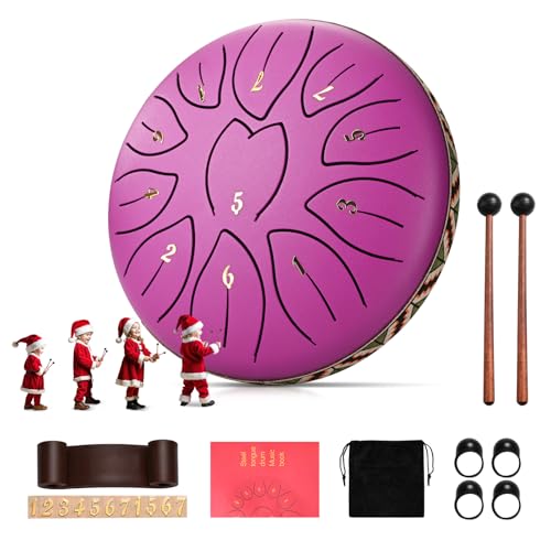 Steel Tongue Drum Ovshnrr 6 Inch 11 Notes Tongue Drum C Key & Rust-Proof Handpan Percussion Leaf Pattern Handpan Garden with Bag and Percussion Instruments for Music Therapy(Purple)