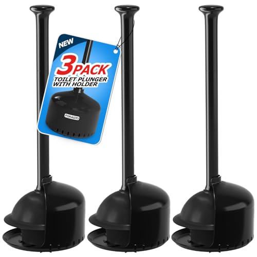 FORASTO 3Packs Toilet Plunger with Holder for Bathroom, Bright Black