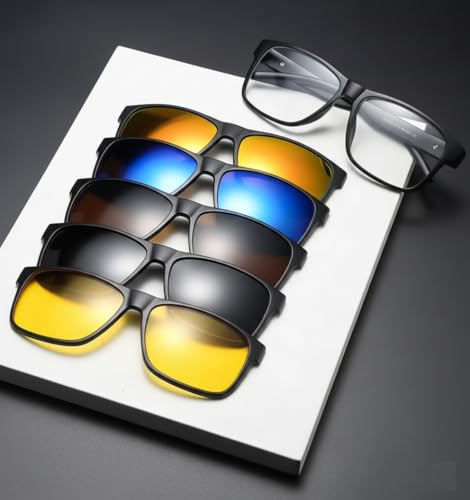 Image of Roshfot 5 In 1 Non Polarized Magnetic Clipon Rectangular UV Protected Sunglasses Eye Glasses With 400 Night drving Men Women Unisex (size- Medium pec of 5)