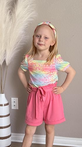 Image of Arshiner Toddler Girls 3 Piece Outfit Set Puff Sleeve Square Neck Top with Shorts and Matching Headband Summer Clothes 2T-8Y