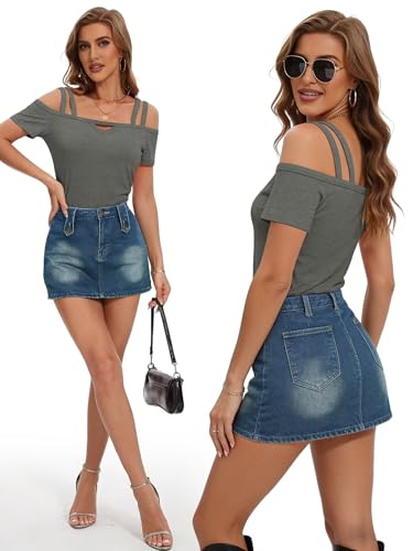 Image of Bliwov Womens Cold Shoulder Tops Short Sleeve Cute Sexy Summer Spring Beach Vacation T Shirts Fashion Outfits Basic Clothes